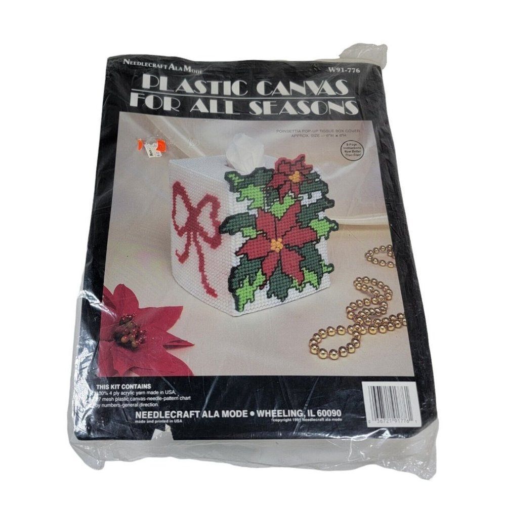 Vtg Needlecraft Poinsettia Tissue Box Cover plastic canvas w91-776 NEW Complete
